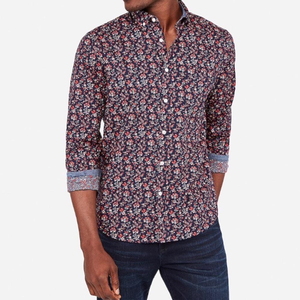 Express Burgundy Floral Button Down Casual Shirt